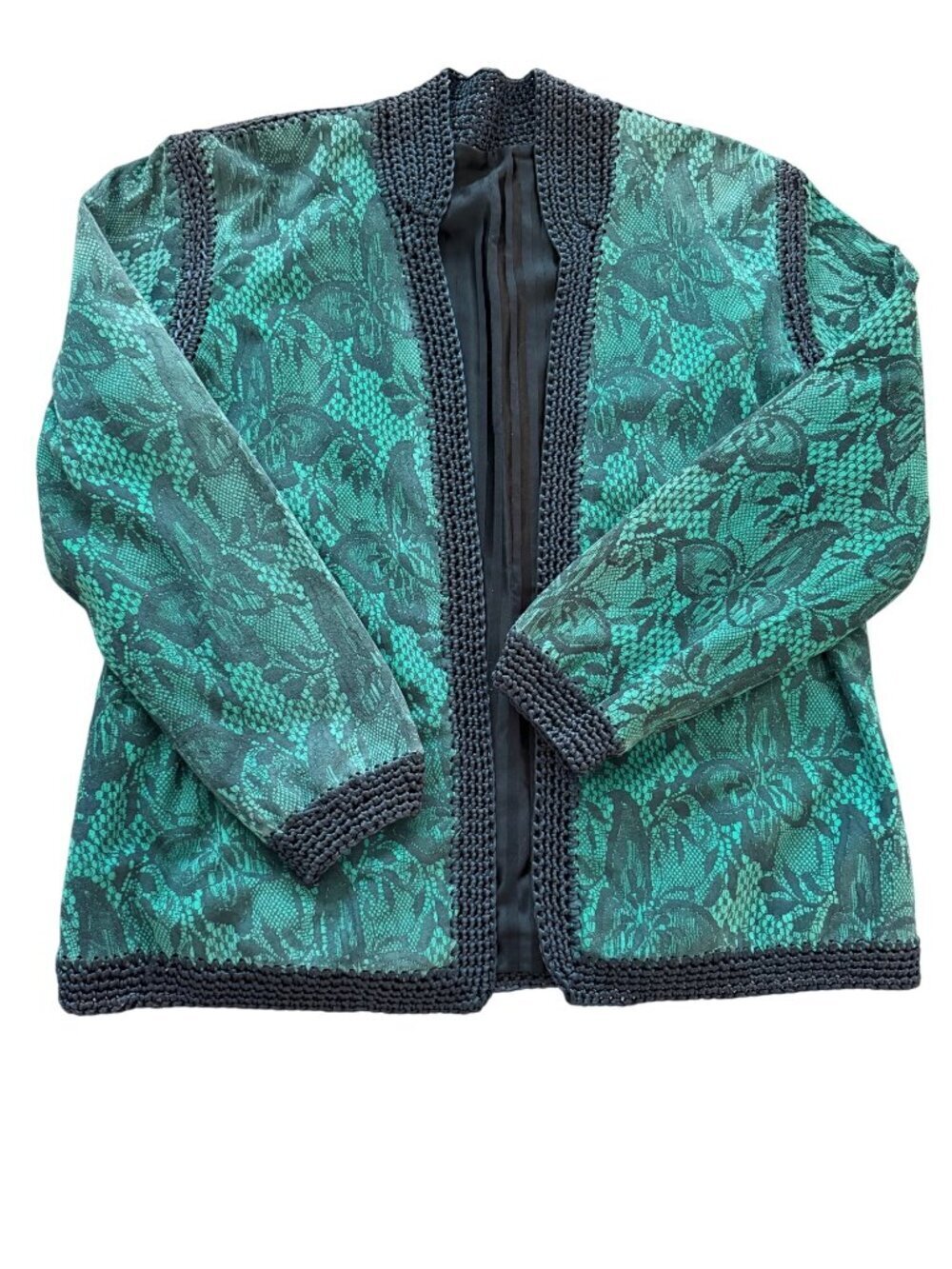 Vintage Handmade Suede Open Front Lined Jacket Butterfly Print Size Large Green